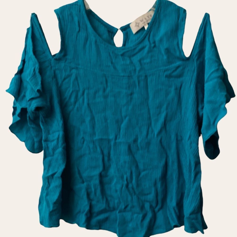 WAYF Teal Cottagecore Flutter Sleeve Cold Shoulder Cropped Blouse Xsmall